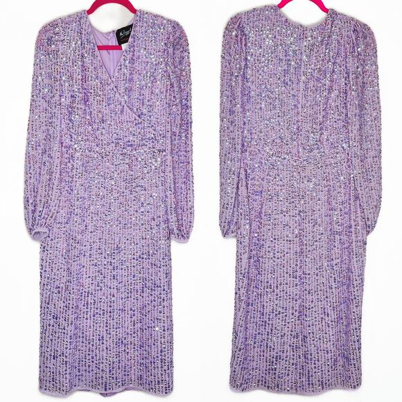 Mac Duggal Sequin Illusion Long Puff Sleeve 107641 Evening Tea Length Midi Dress - Picture 3 of 16